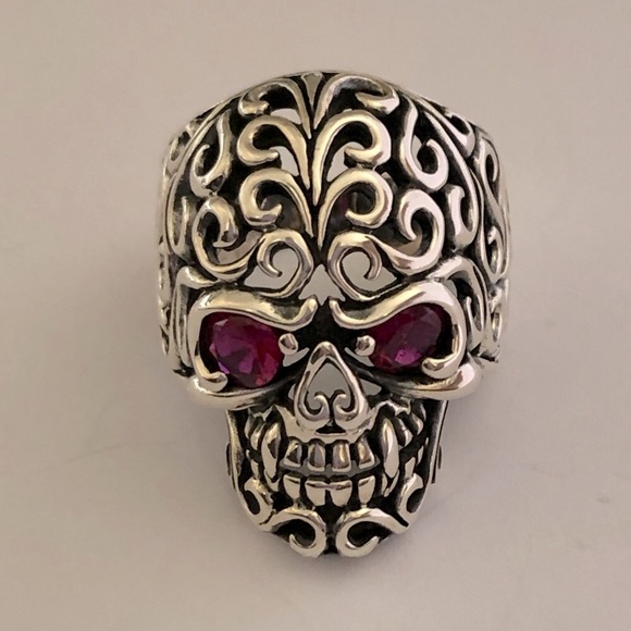 925 silver size 7.5 biker skull ring cz eye unisex - Picture 4 of 5